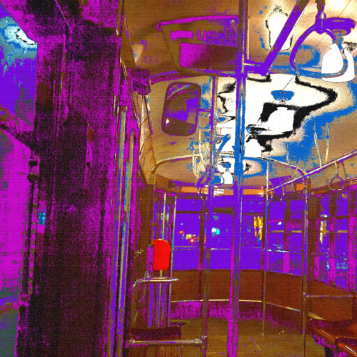 photo of the interior of a classic Milanese tram, with a synthwave style filter applied on it